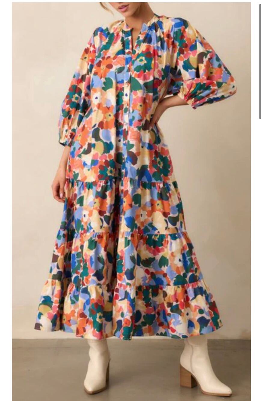 PROSPERINA ADELAIDE ORANGE MULTI FLORAL PRINT COTTON MAXI DRESS